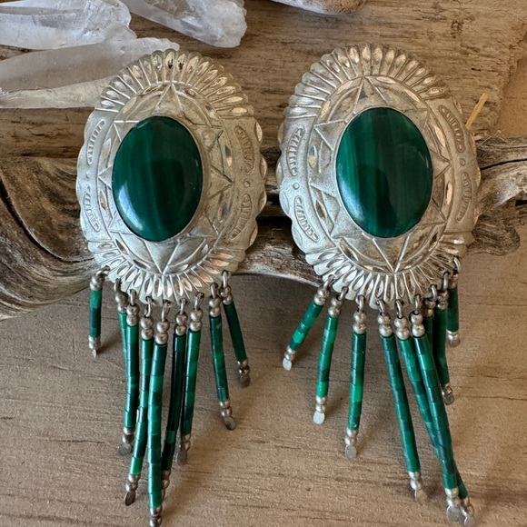 Handmade vintage Sterling malachite earrings - Picture 2 of 10